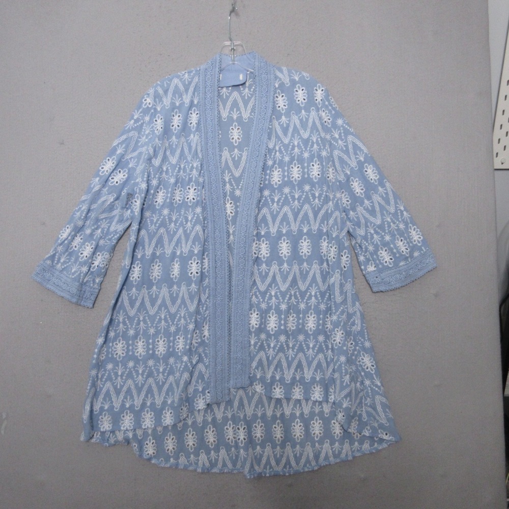 Paparazzi Top Kimono Blue Floral Embroidered Boho Open Front Boho Lace Trim